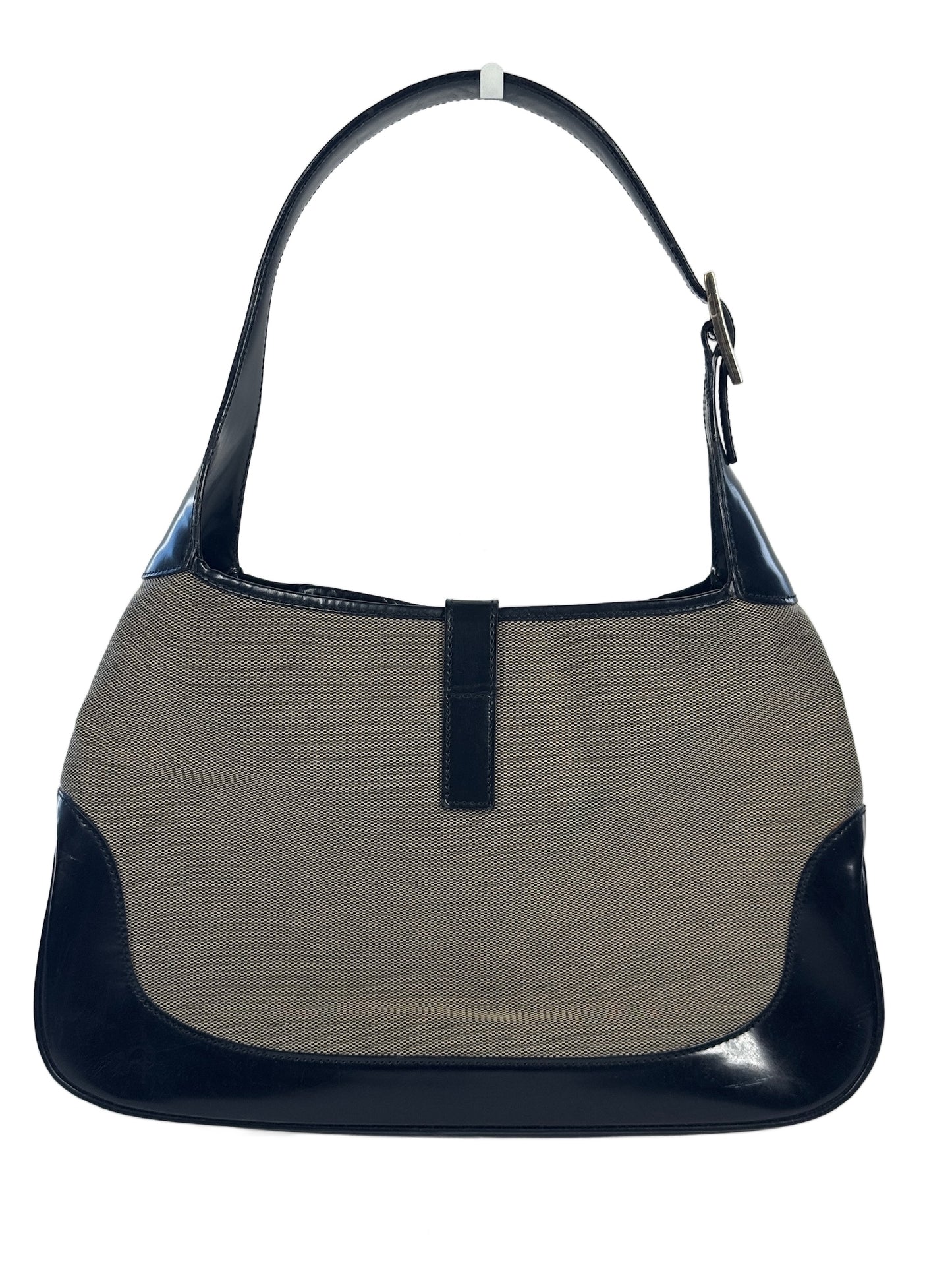 Gucci Vintage Medium Jackie O Beige Canvas Black Patent Leather Shoulder Bag