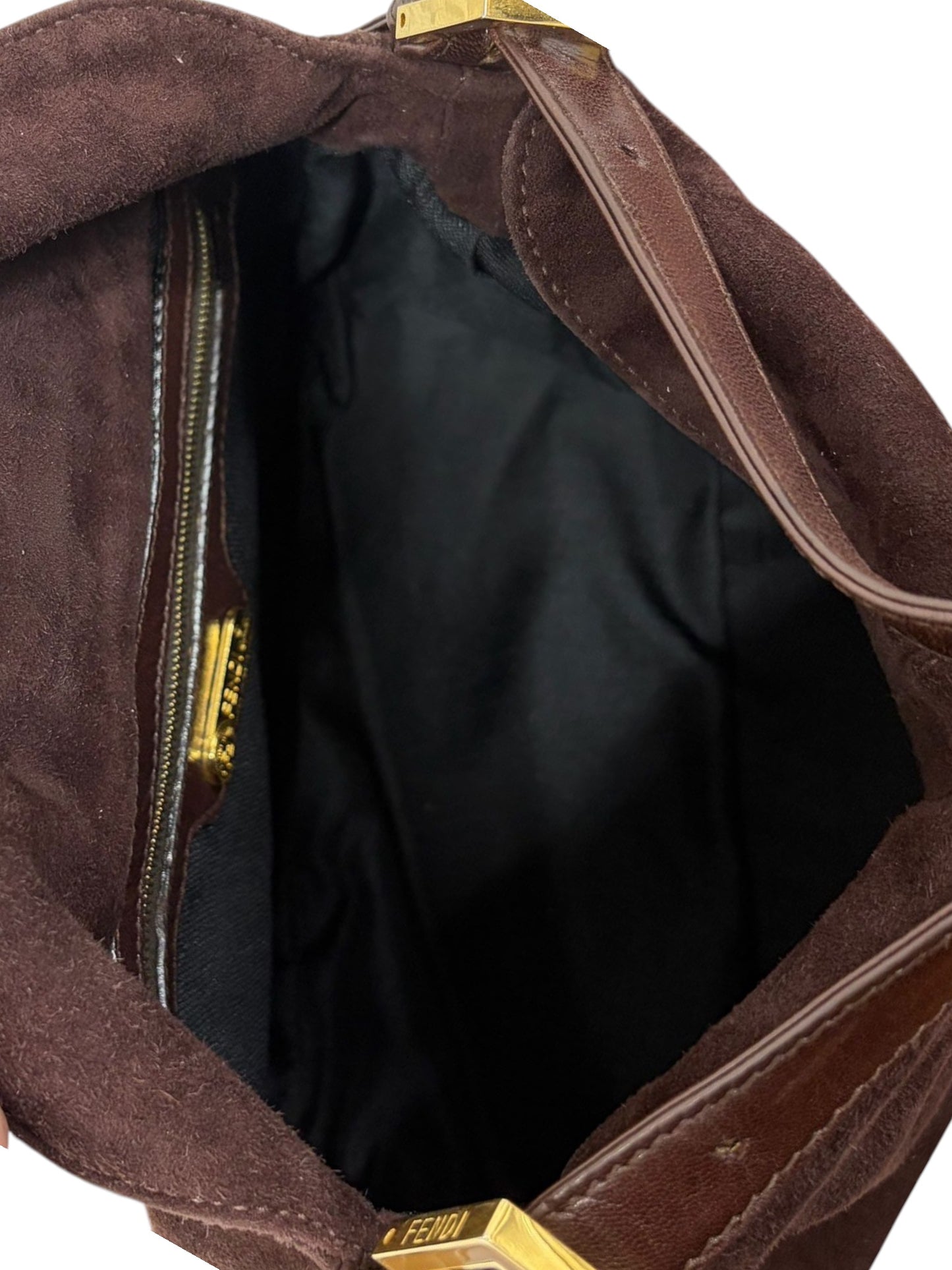 Fendi Vintage Brown Suede Double Flap Bucket Shoulder Baguette Bag 