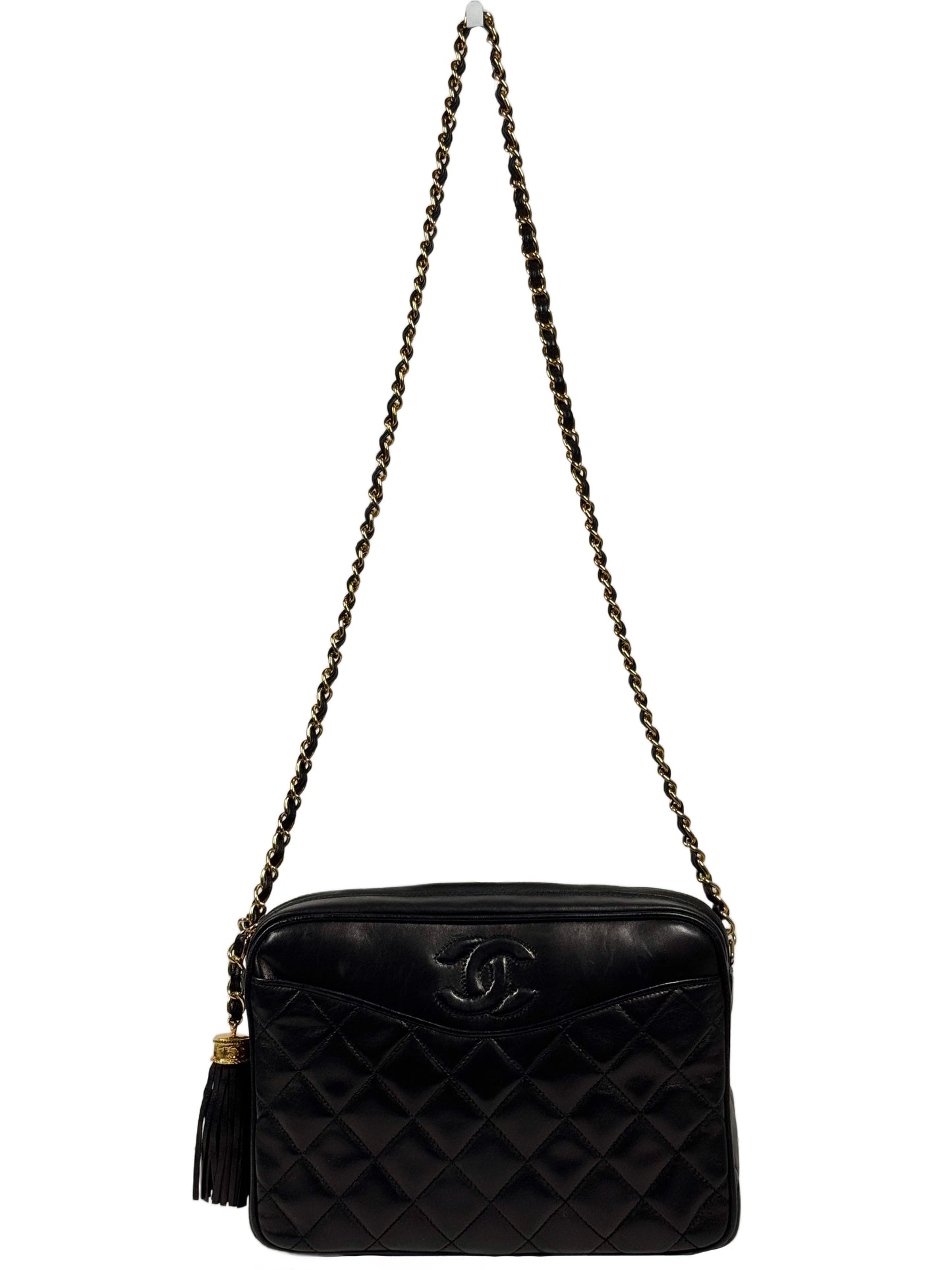 Chanel Vintage 80s Black Matelasse Quilted Lambskin Camera Chain Shoulder Bag with Fringe Tassel w 24K Gold Plated Hardware