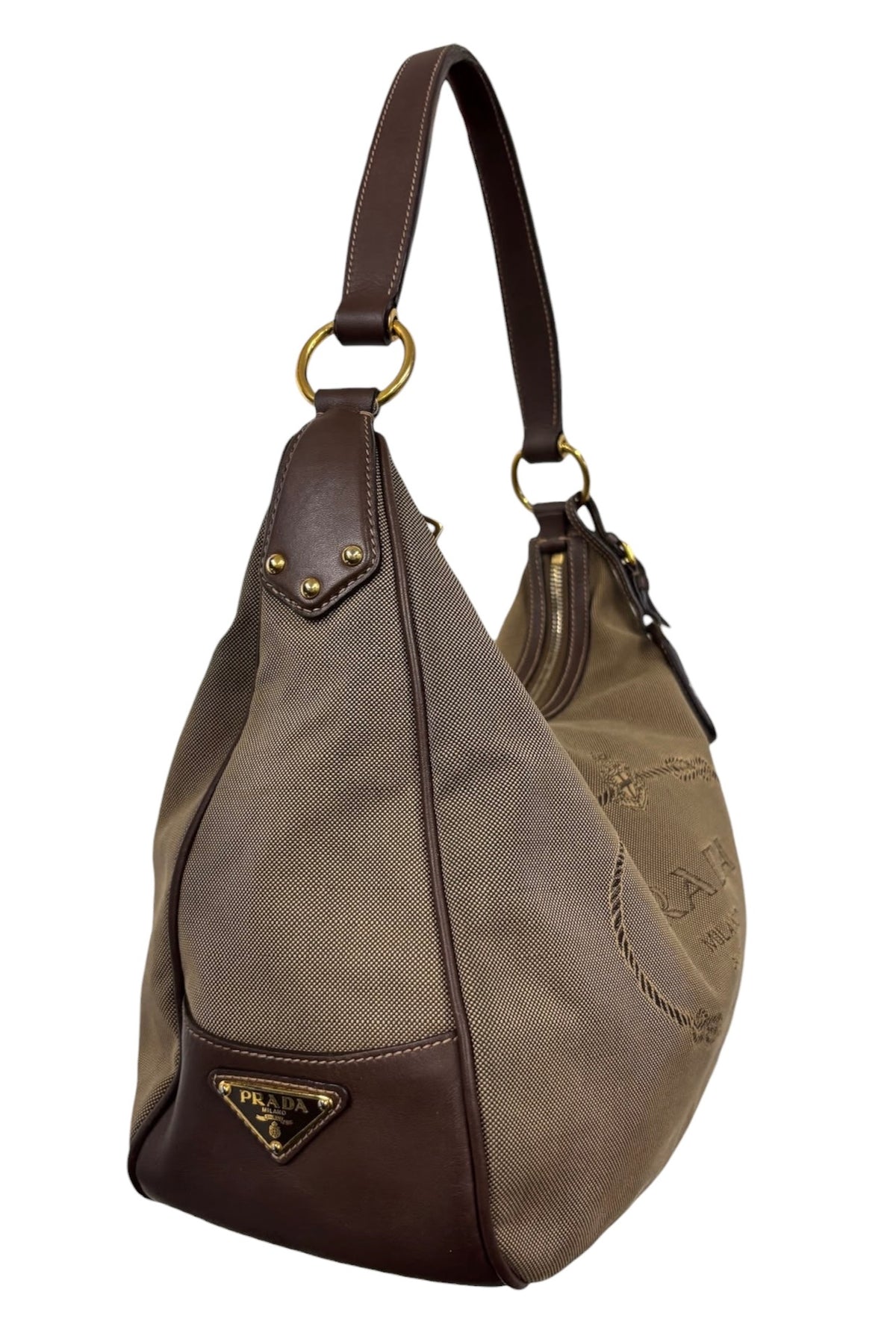 Prada Vintage Dark Brown Jaquard Logo Medium Hobo Shoulder Bag