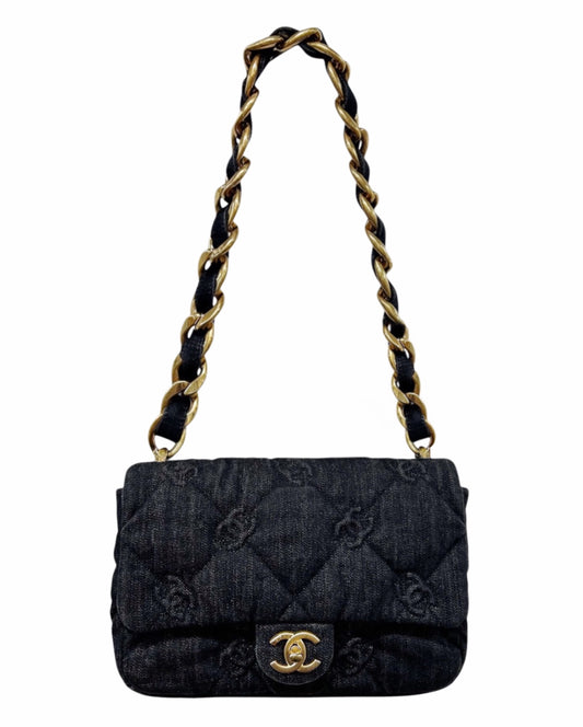 Chanel Black CC Embossed Quilted Denim Funky Town Flap Bag with Aged Gold Hardware