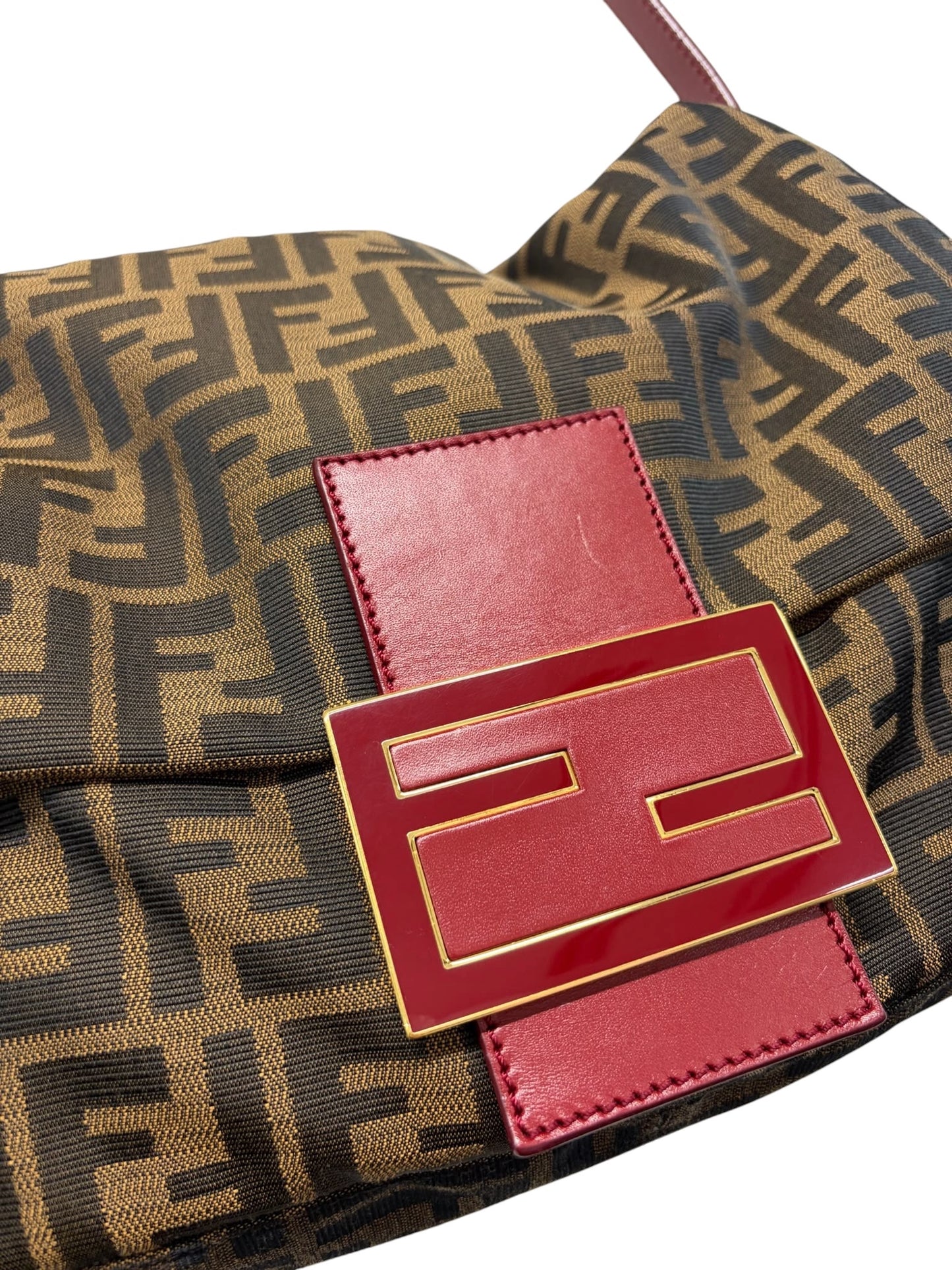 Fendi Vintage Brown Zucca Monogram Canvas Red Leather Trim XL Jumbo Mamma Baguette Shoulder Bag