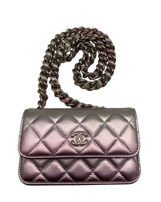 Chanel 2021 Metallic Pink & Silver Quilted Lambskin Coco Punk Clutch with Chain Mini Bag