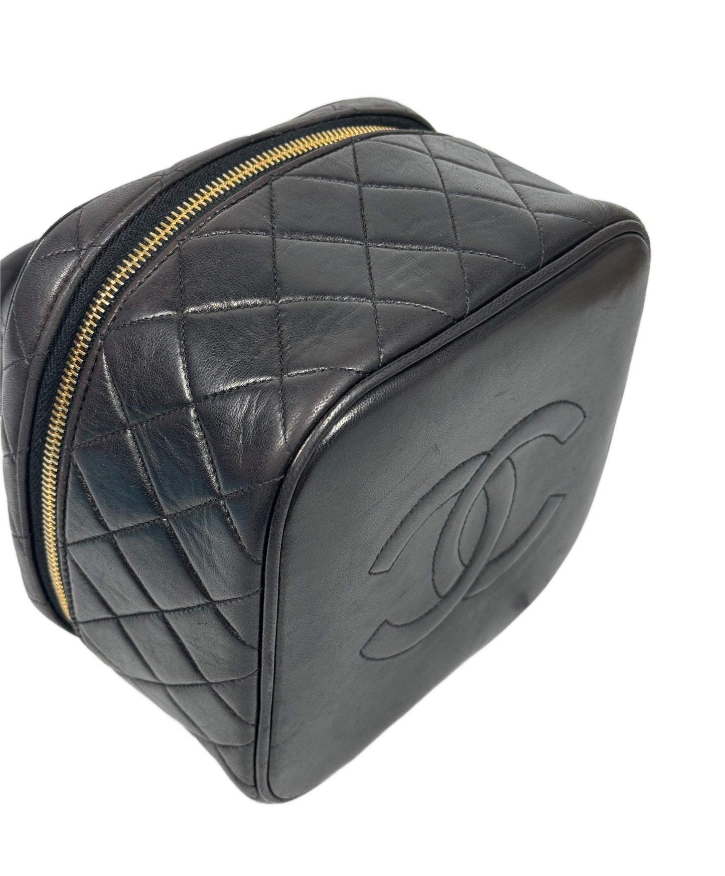 Chanel Vintage 90s Black Quilted Lambskin Top Handle Vanity Bag