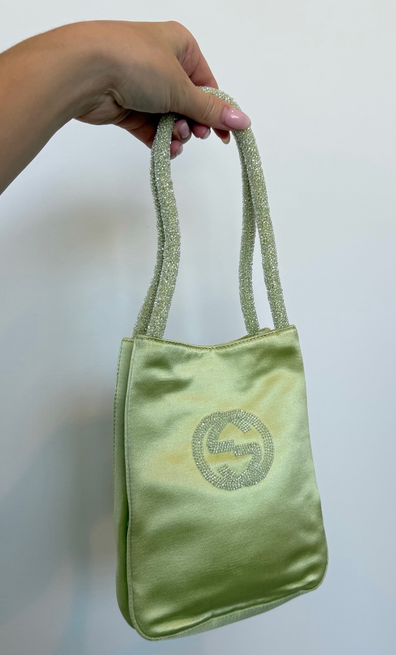 Gucci Vintage Lime Green Satin Beaded Mini Evening Bag