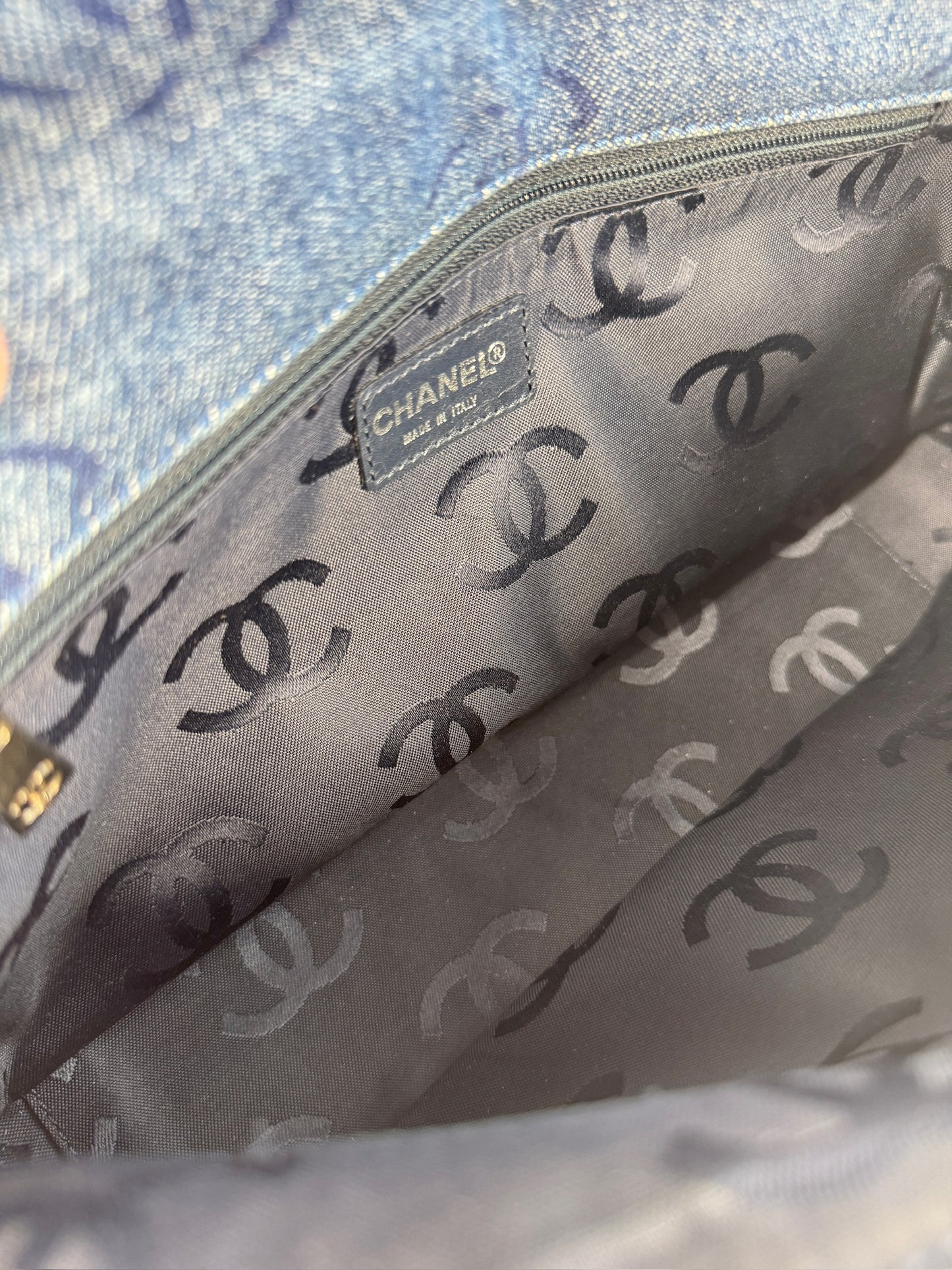 Chanel Vintage 00s Blue Denim CC Print Acrylic Chain Strap Single Flap Bag