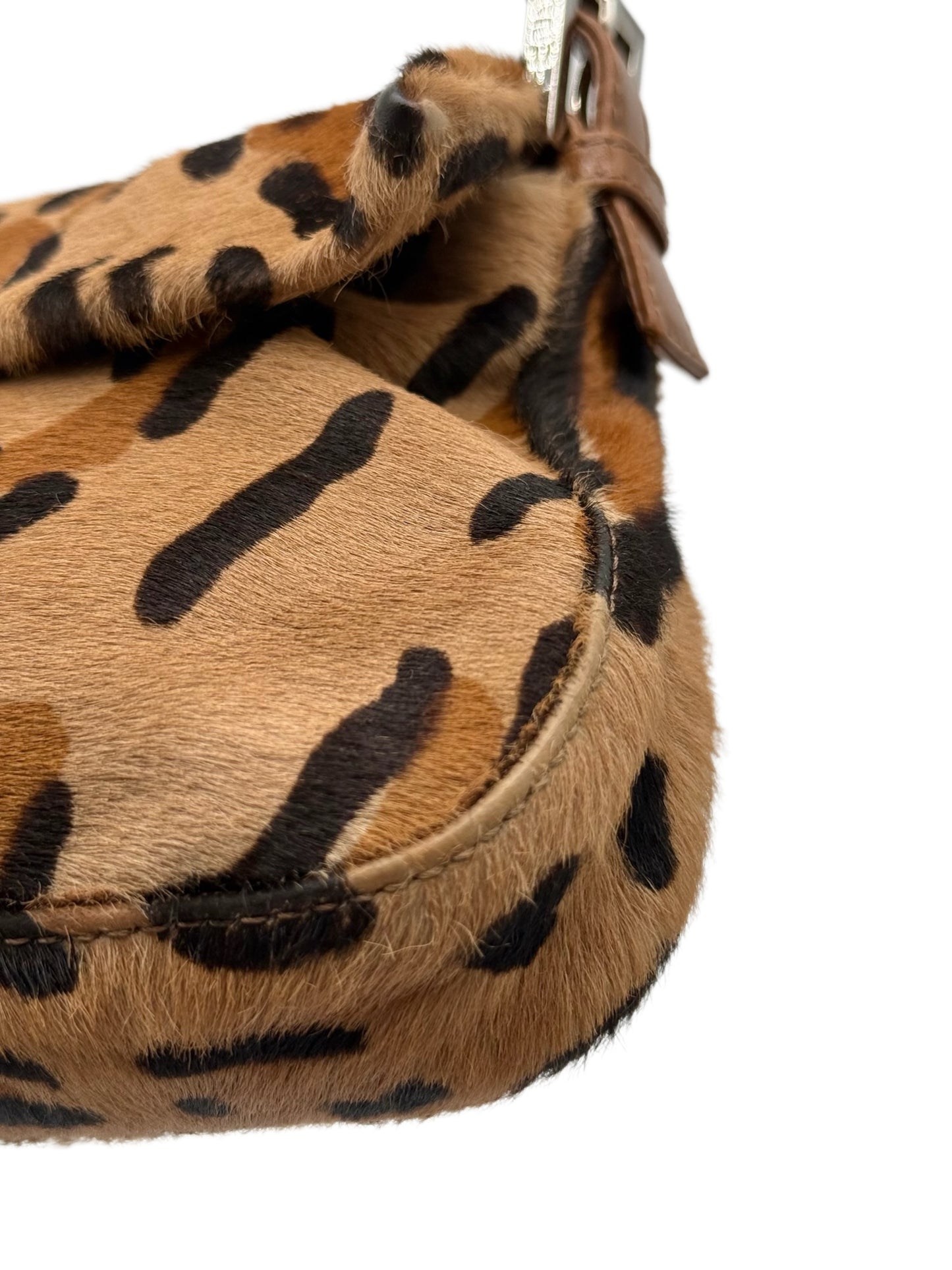 Fendi Vintage Beige Leopard Print Pony Hair Shoulder Baguette Bag