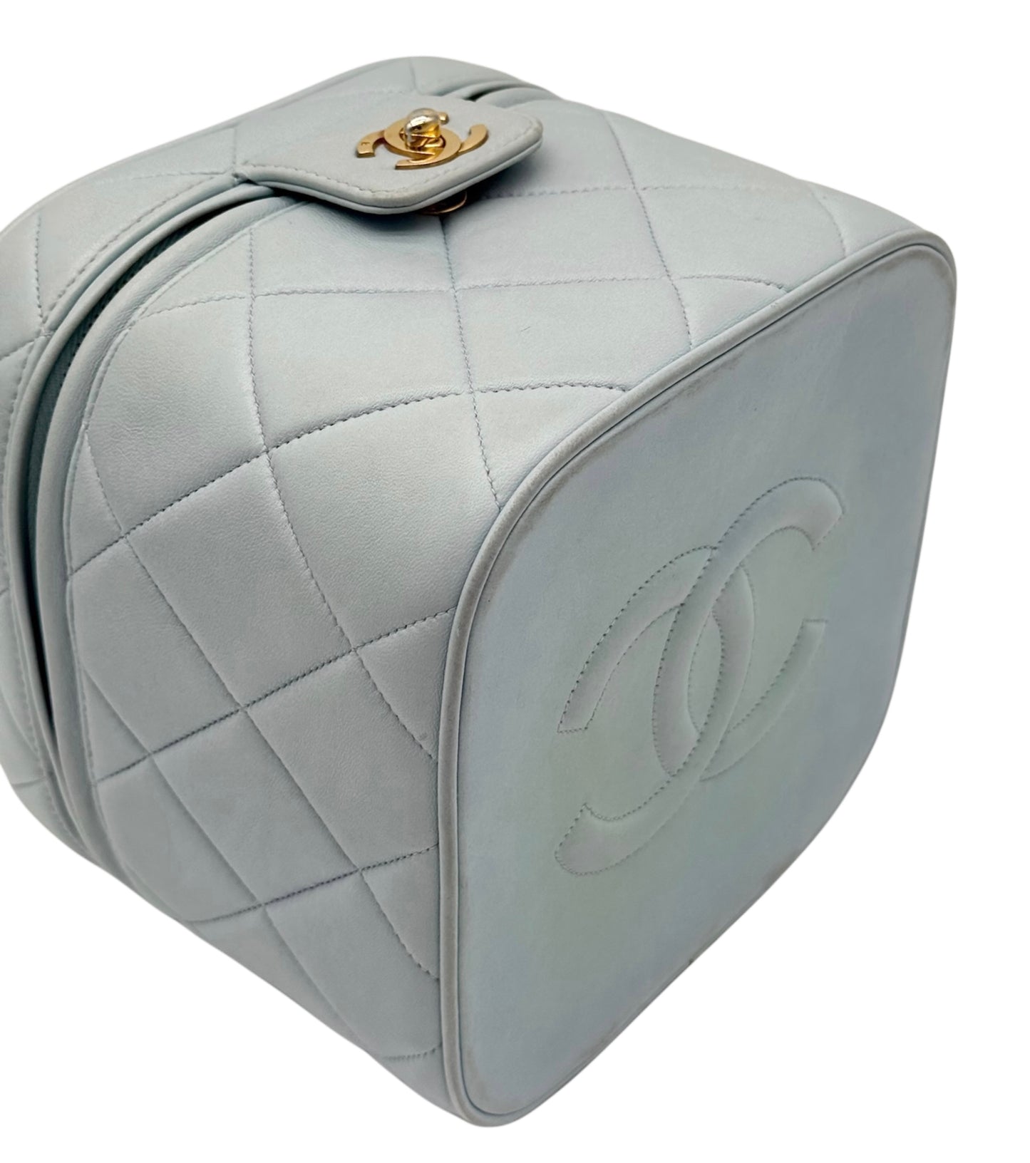 Chanel Vintage 90s Baby Blue Quilted Lambskin Top Handle Vanity Bag w 24K GPHW