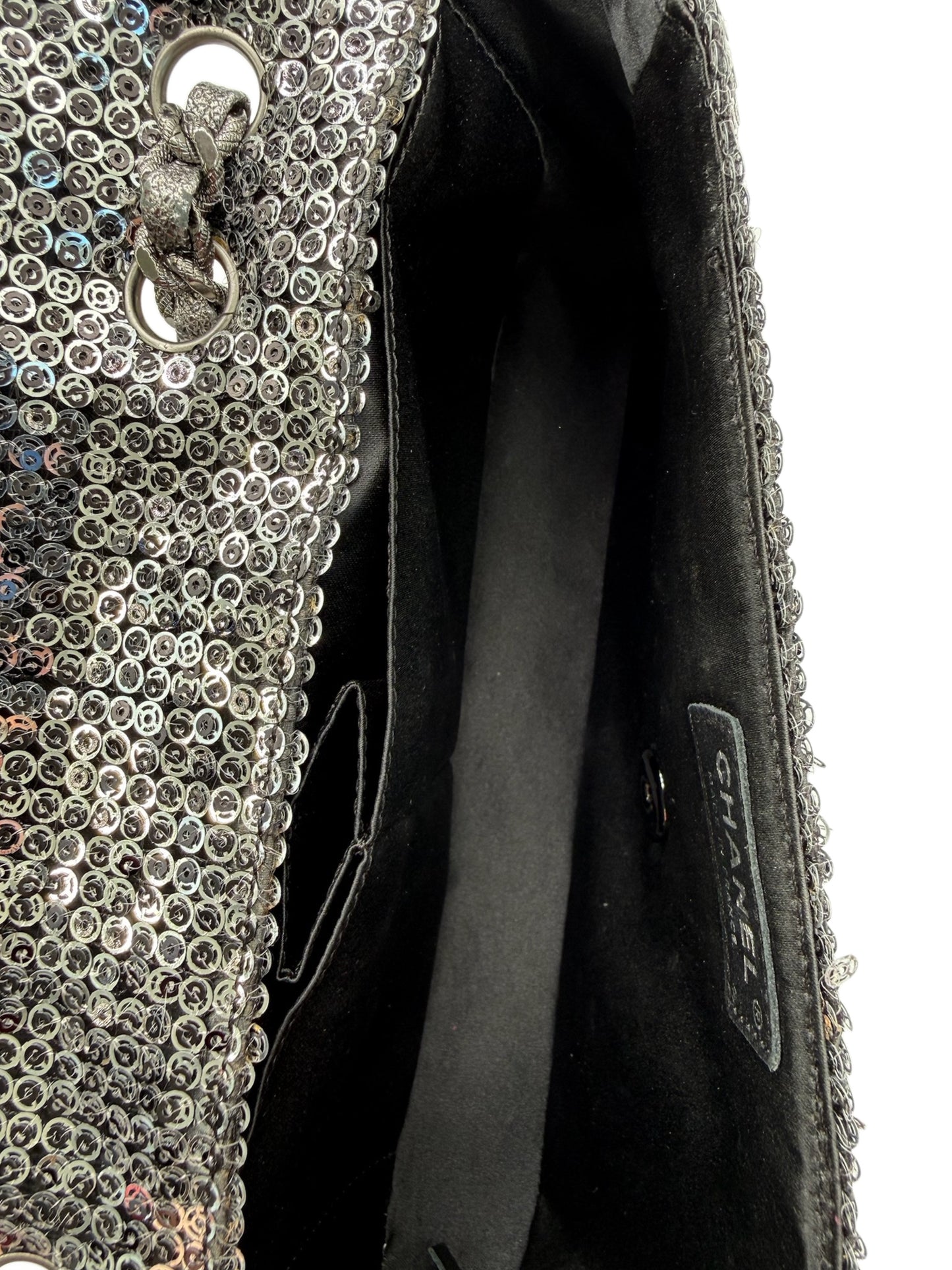 Chanel Vintage Pewter Silver Sequin East West Classic Flap Shoulder Bag