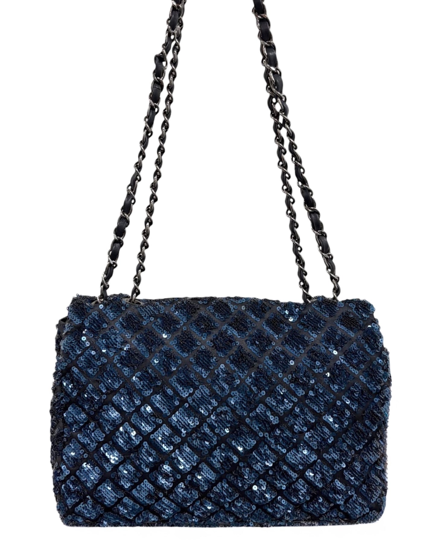 Chanel 2012 Navy Blue Quilted Sequin Medium Single Flap Bag with Silver Hardware