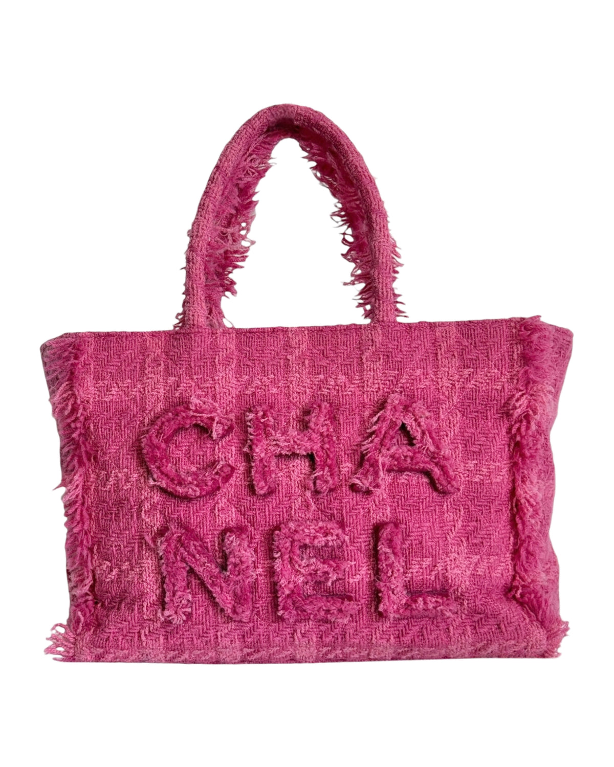 Chanel 2019 Pink Giant Logo Tweed Small Shoulder Shopping Tote Bag