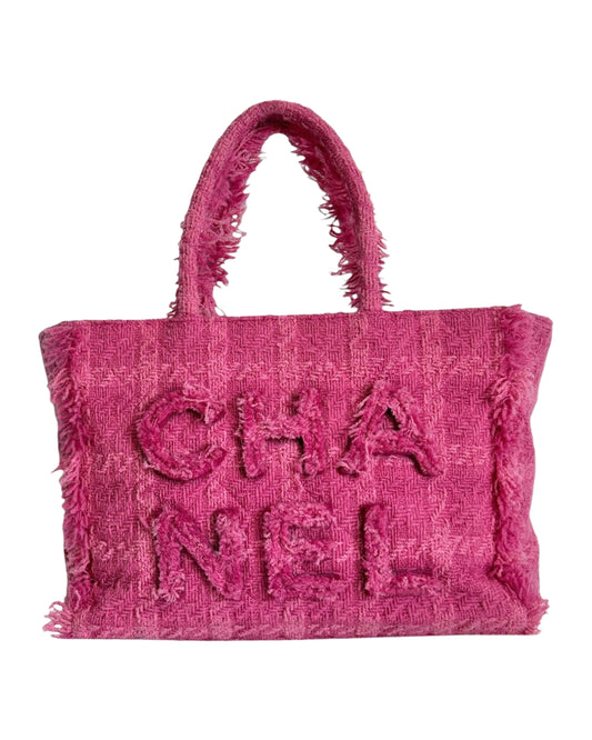 Chanel 2019 Pink Giant Logo Tweed Small Shoulder Shopping Tote Bag