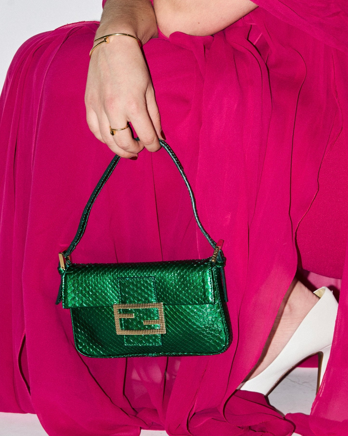 Fendi Vintage Green Snakeskin Mini Shoulder Baguette Bag