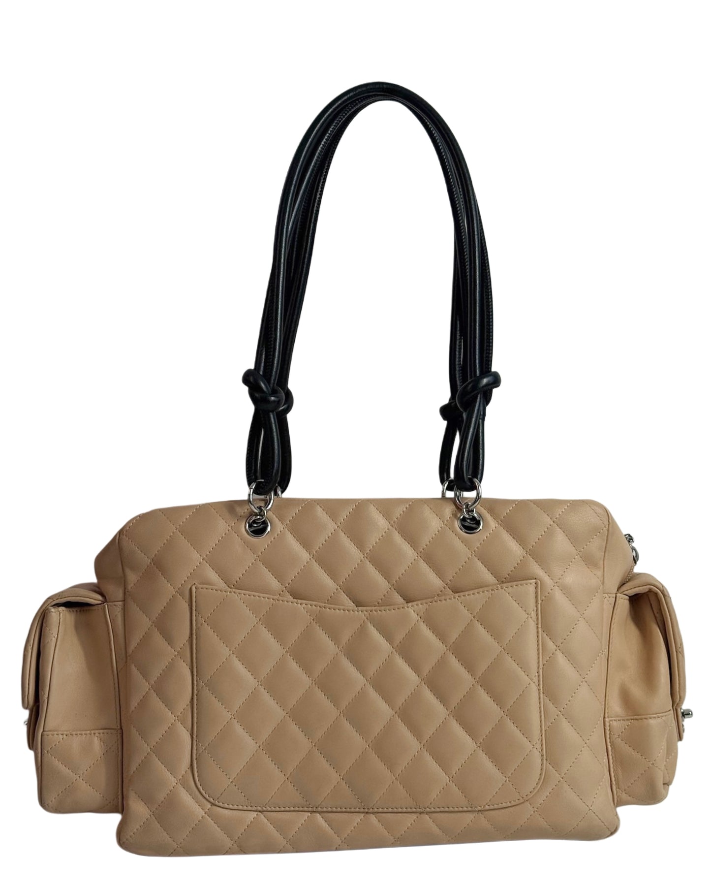 Chanel Vintage 00s Beige Quilted Lambskin Black CC Cambon Large Reporter Shoulder Bag