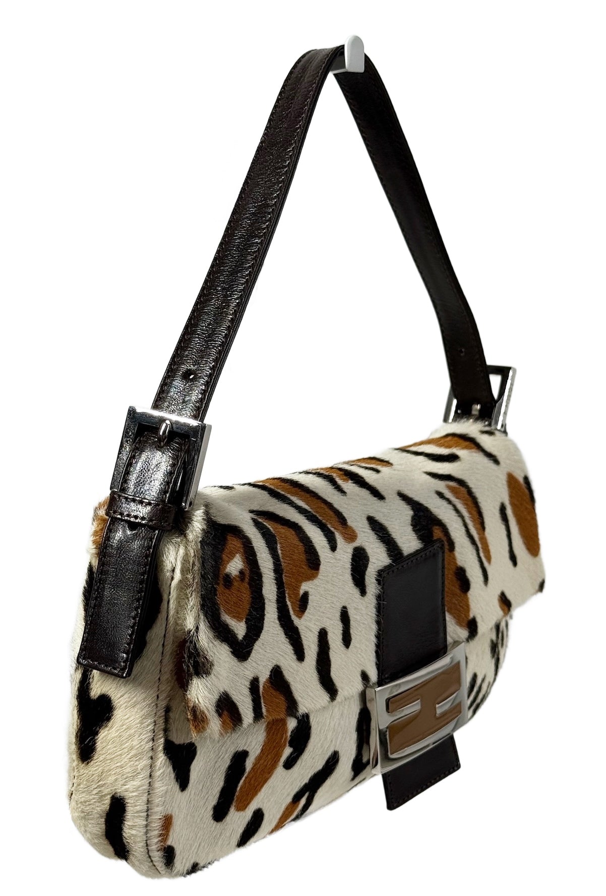 Fendi Vintage White & Brown Leopard Print Pony Hair Shoulder Baguette Bag
