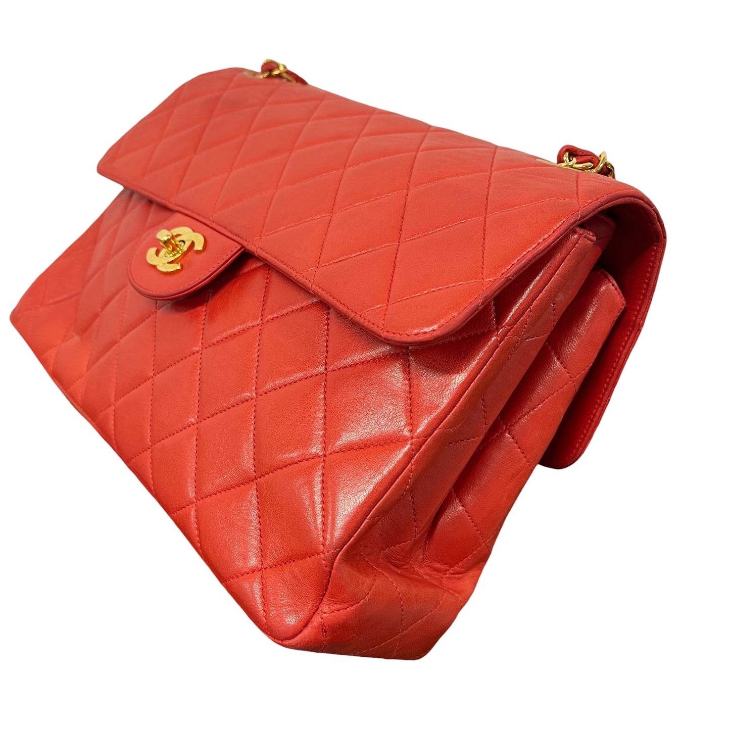 Chanel Vintage 90s Red Quilted Lambskin Maxi Two-Faced Double Sided Classic Flap Bag with 24K GPHW 