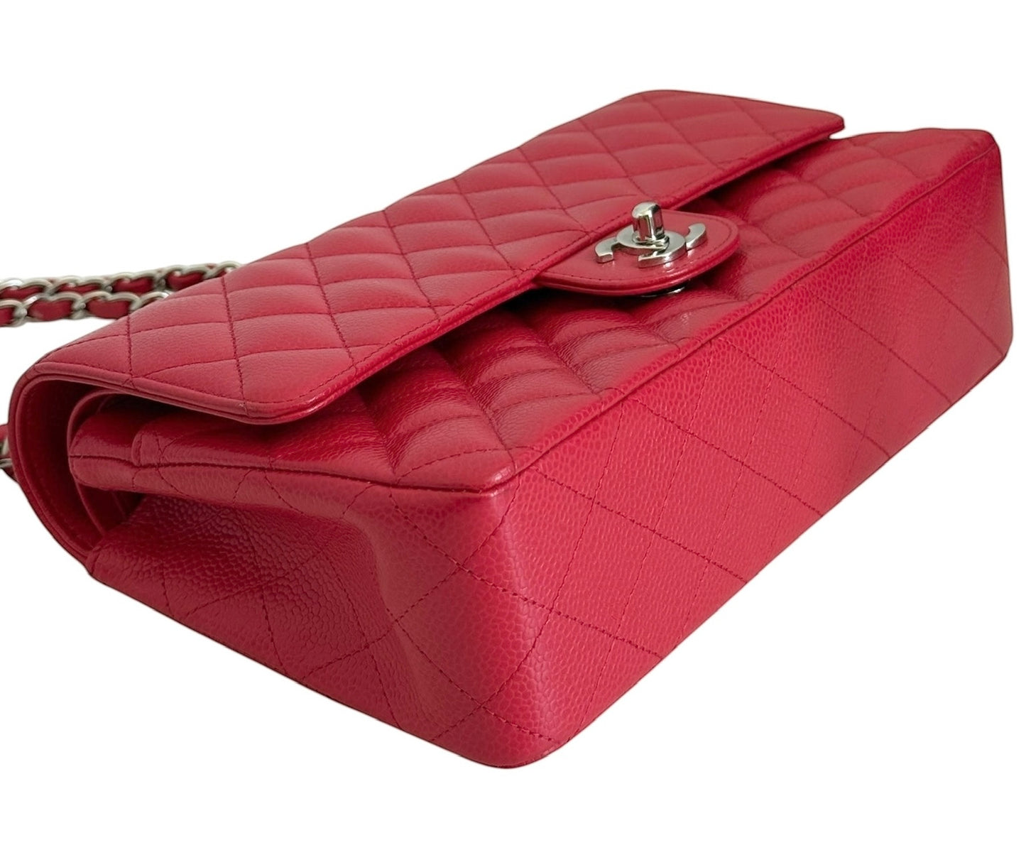 Chanel Vintage 00s Hot Fuchsia Pink Quilted Caviar Medium Classic Double Flap Bag Flap with Silver Hardware