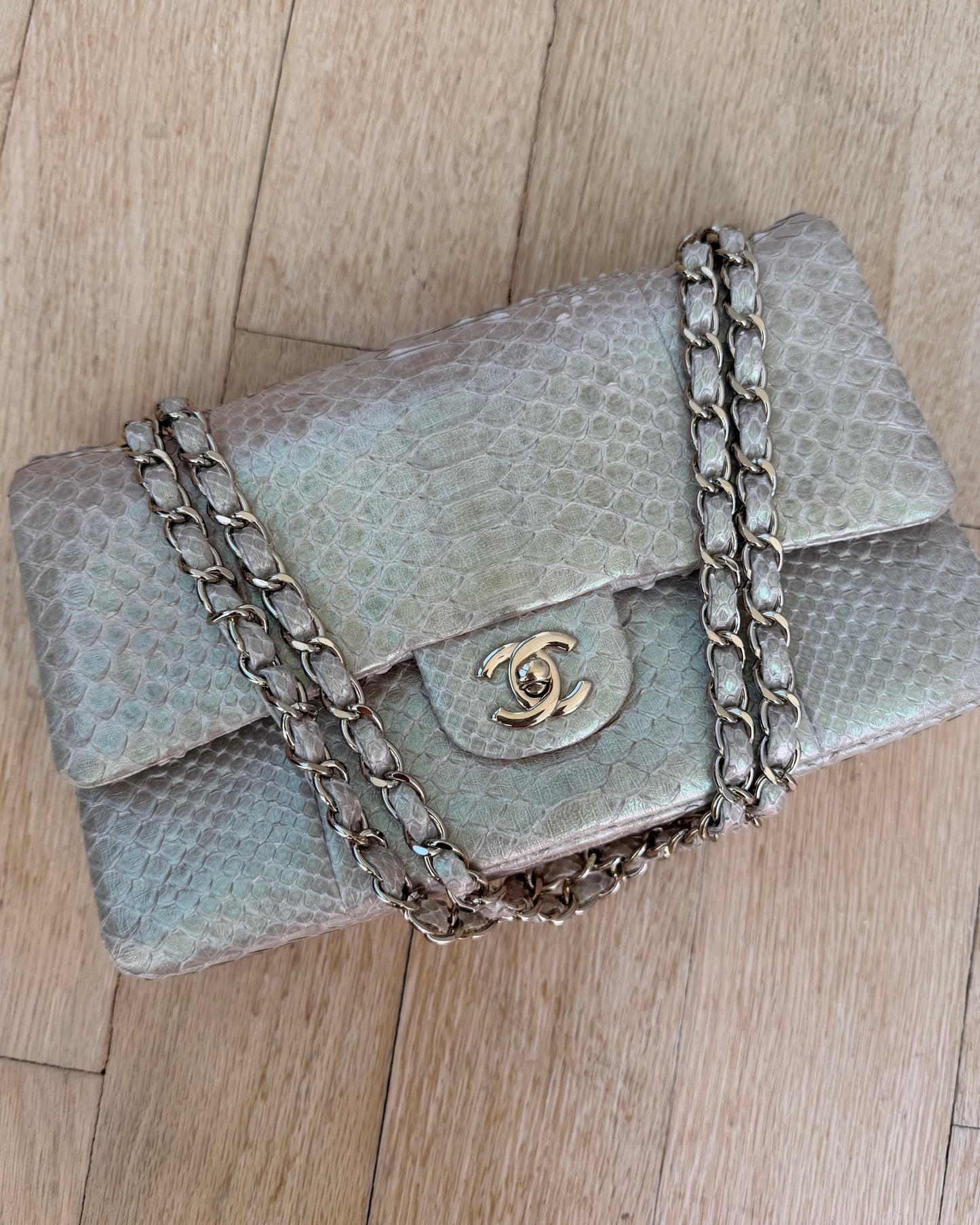 Chanel Iridescent Beige & Pink Python Classic Medium Double Flap Bag with Champagne Gold Hardware 