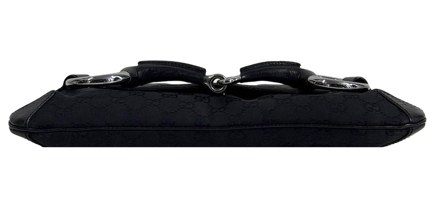 Gucci Vintage Black GG Monogram Horsebit Large Clutch Shoulder Bag