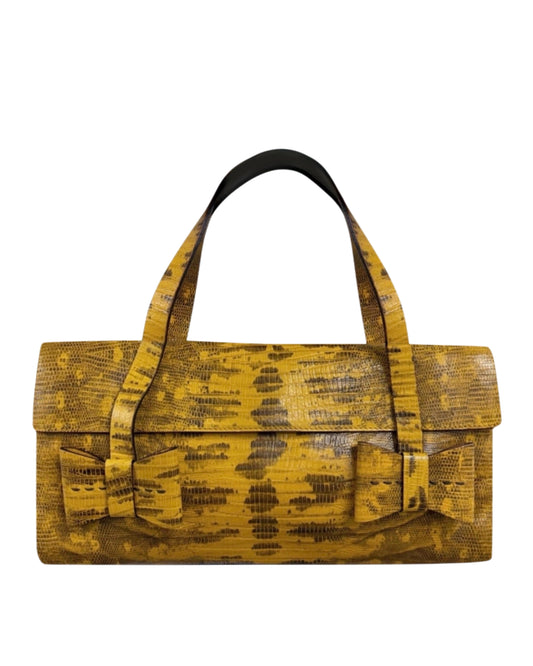 Miu Miu Vintage S/S 2000 Yellow Embossed Lizard Leather Bow Pochette Clutch Bag 