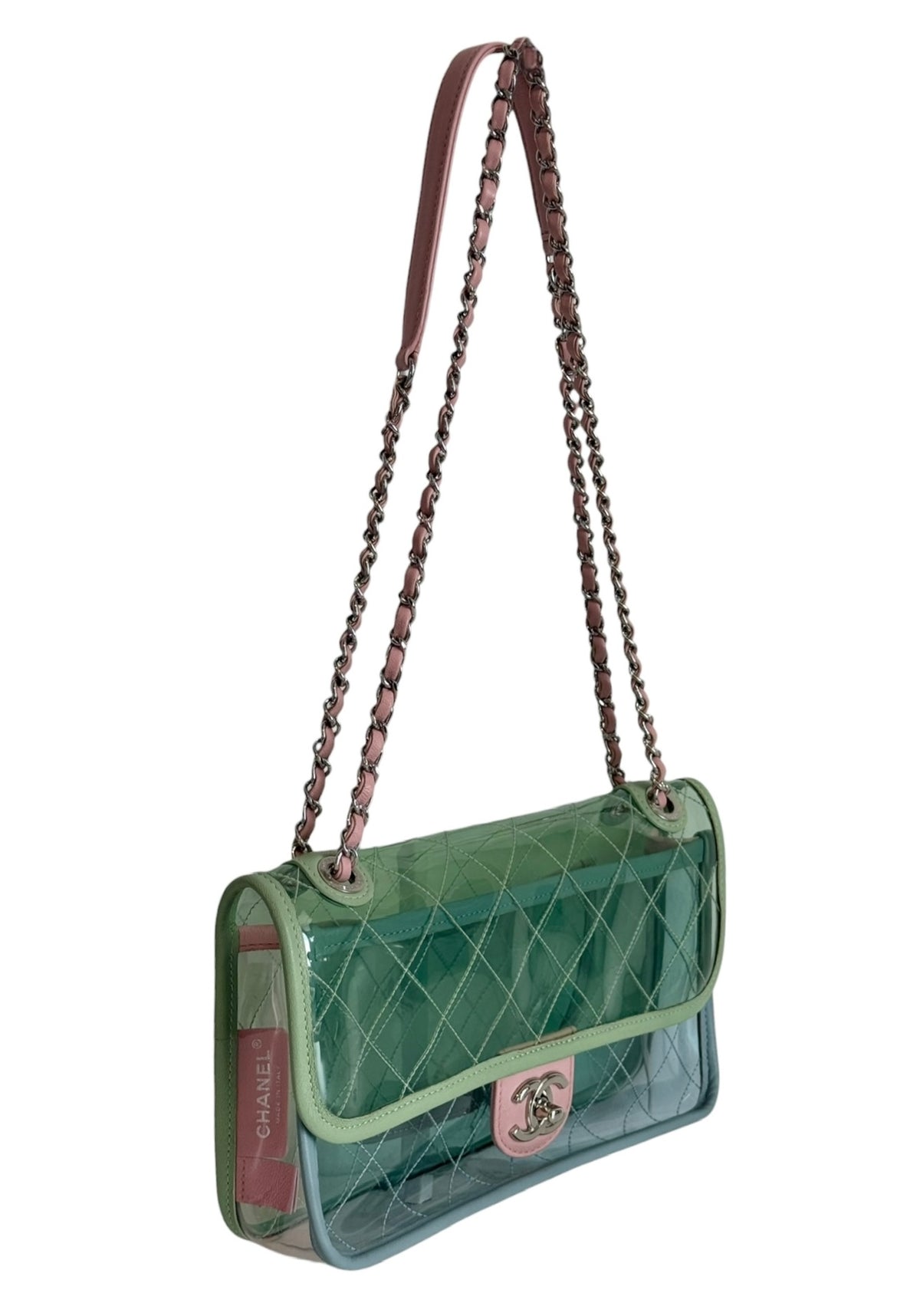 Chanel S/S 2018 Green Pink & Blue Coco Splash PVC Medium Shoulder Flap Bag