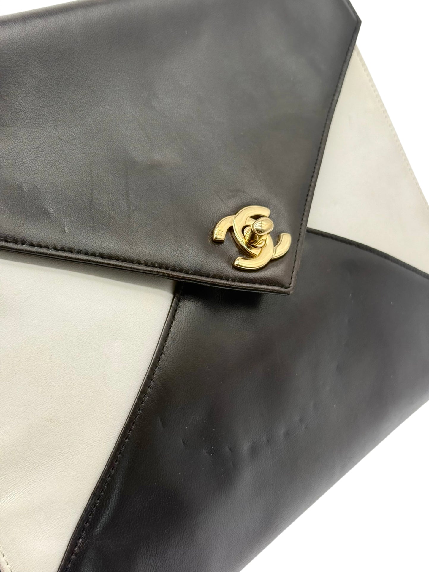 Chanel Vintage 90s Black and White Lambskin Envelope Flap Shoulder Bag w 24K GPHW