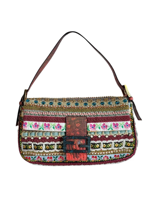Fendi Vintage 2006 Multi-color Mixed Media Embellished Shoulder Baguette Bag with Iridescent Lizard Trim