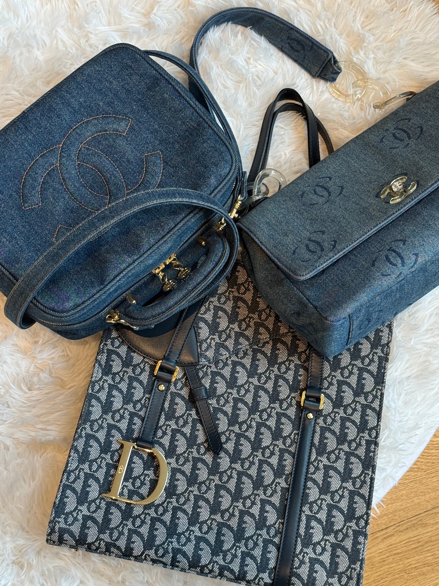 Chanel Vintage 00s Blue Denim CC Print Acrylic Chain Strap Single Flap Bag