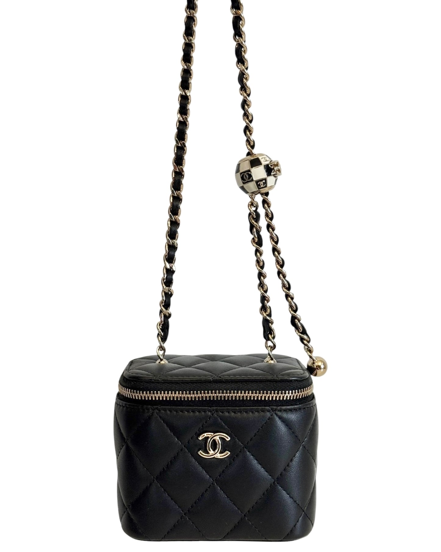 Chanel Black Quilted Lambskin Pearl Crush Vanity with Checkered Ball
