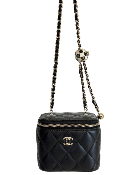Chanel Black Quilted Lambskin Pearl Crush Vanity with Checkered Ball