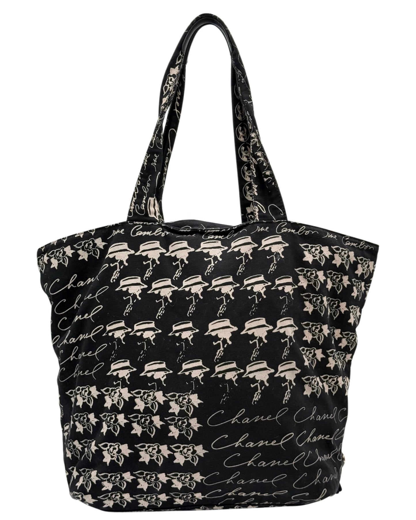 Chanel Vintage 00s Black Canvas Coco Cambon Logo Tote Shoulder Bag
