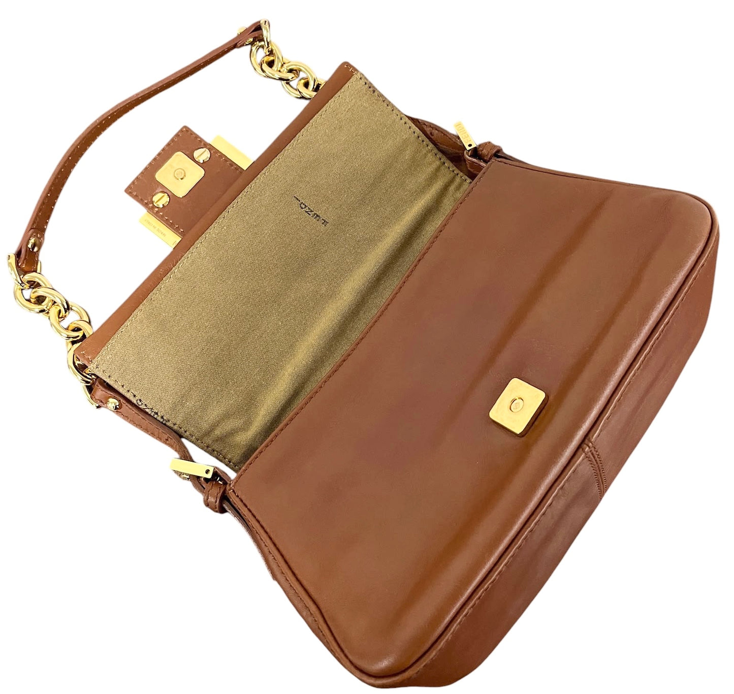 Fendi Vintage Cognac Brown Leather Snakeskin Logo Mini Mamma Shoulder Baguette Bag w Chain Strap