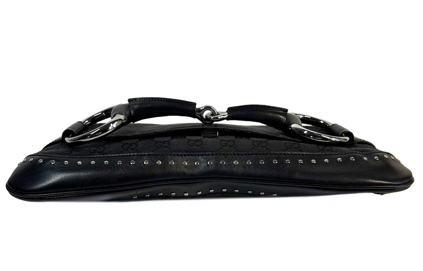 Gucci Vintage Black GG Monogram Large Horsebit Shoulder Clutch Pochette Bag