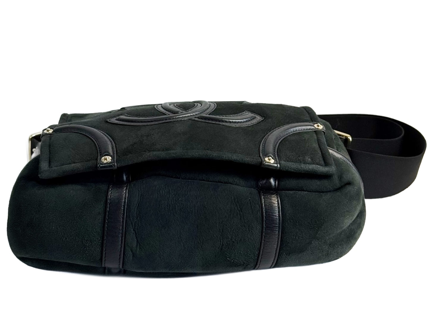 Chanel Vintage Black Micro Suede Shearling Trim CC Logo Small Shoulder Messenger Bag