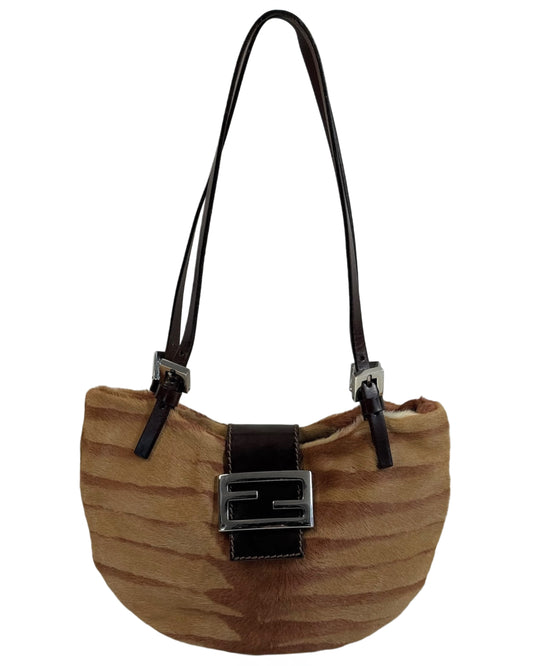 Fendi Vintage Brown Animal Print Pony Hair Half Moon Mini Shoulder Baguette Bag