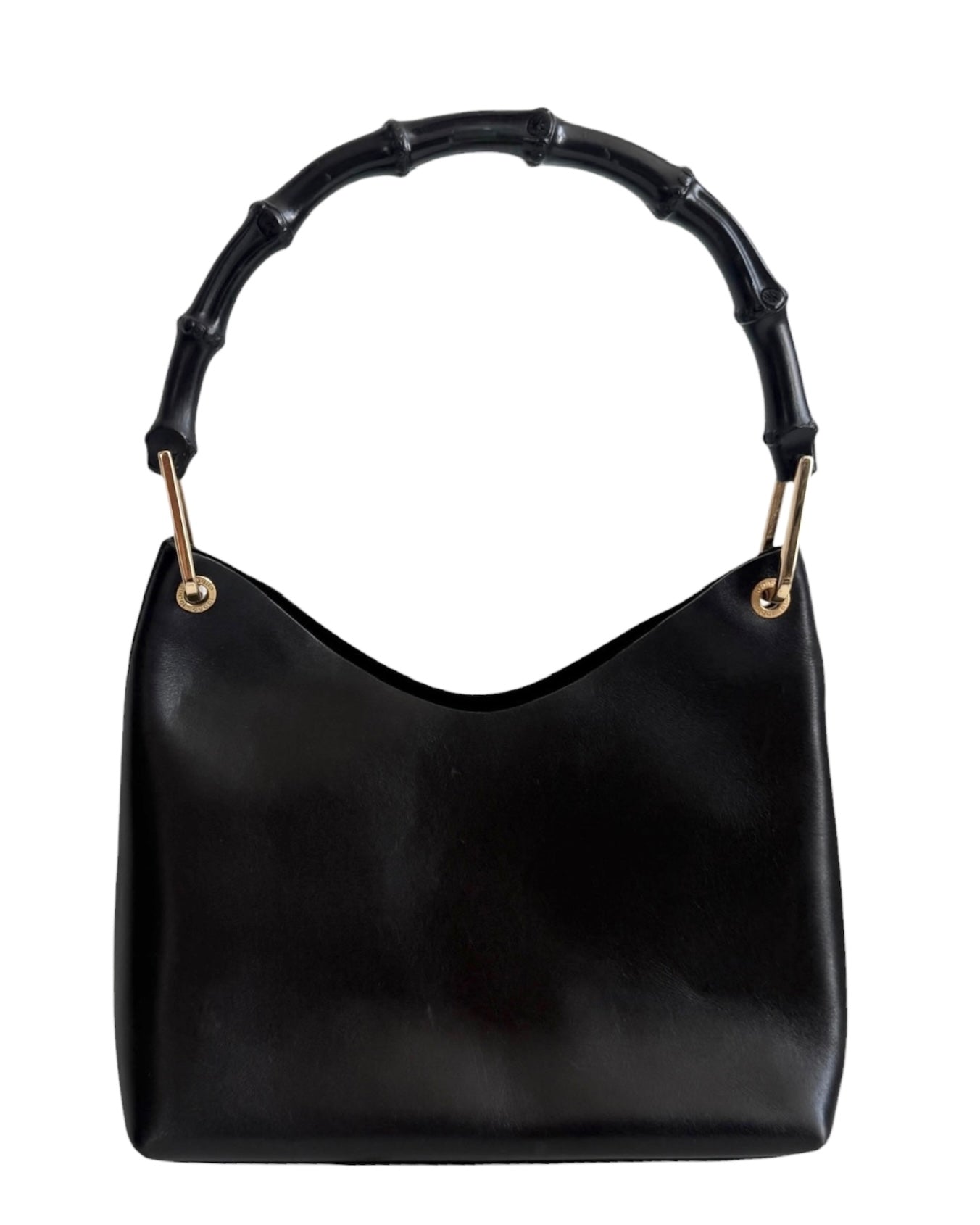 Gucci Vintage Black Smooth Leather Bamboo Handle Small Hobo Shoulder Bag with Pouch