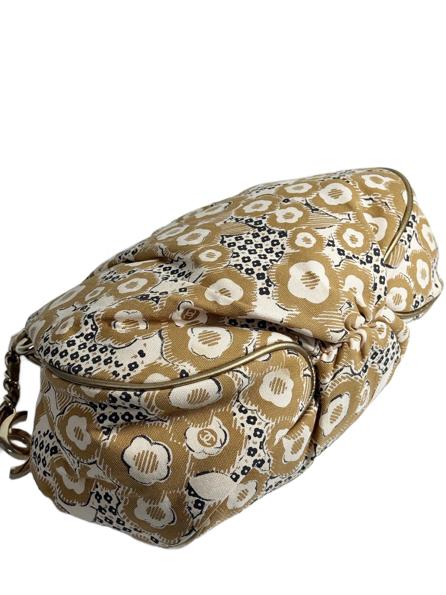 Chanel Vintage 00s Beige Camelia Print Chain Top Handle Clutch Bag