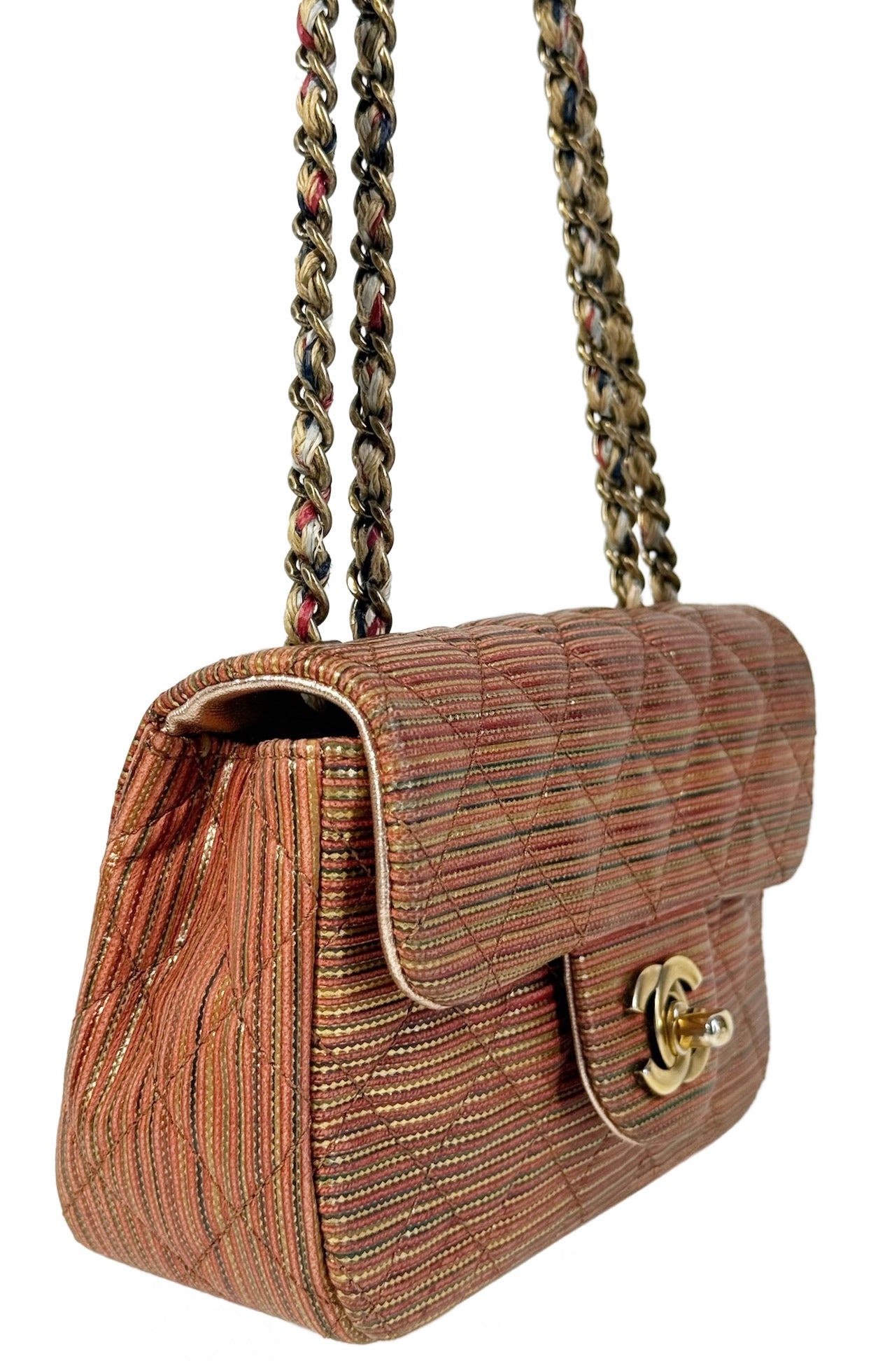 Chanel Orange Multicolor Striped Metallic Extra Mini Flap Bag w Aged Gold Hardware