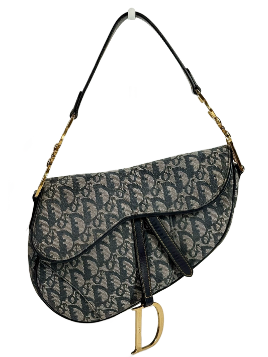 Dior Vintage 2002 Navy Blue Trotter Monogram Medium Saddle Bag