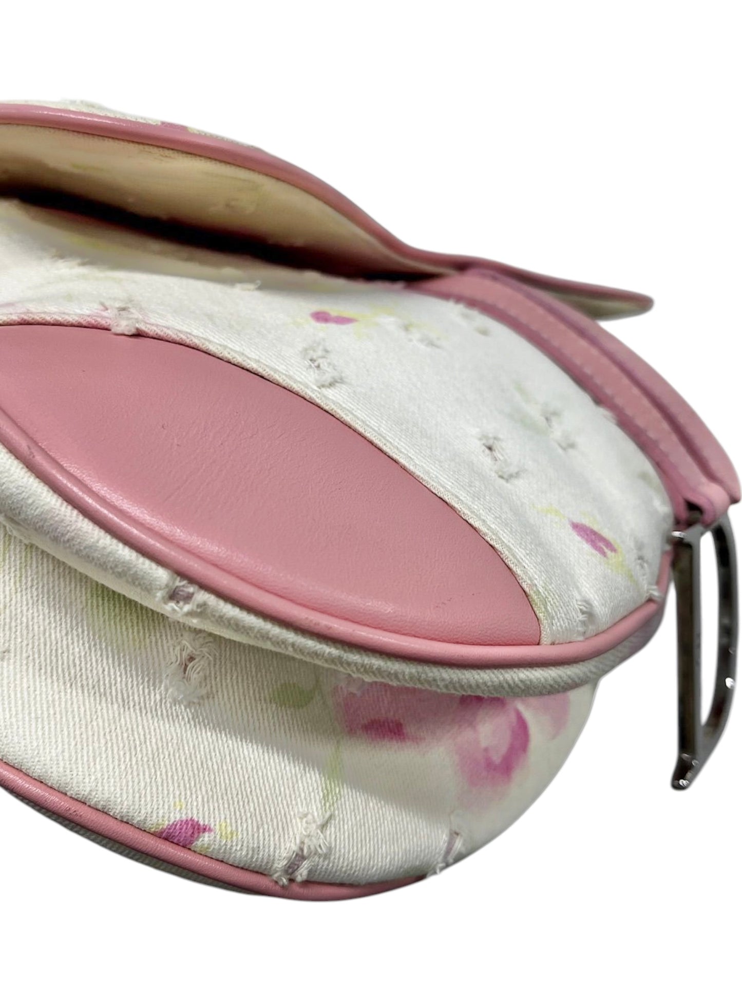 Dior Vintage 2003 White Distressed Pink Floral Canvas Leather Trim Medium Saddle Shoulder Bag