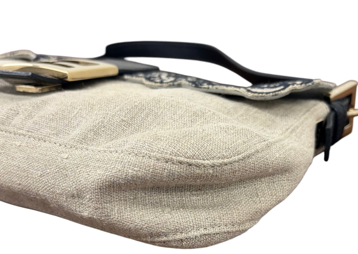Fendi Vintage Beige Linen Black Floral Embroidered Shoulder Baguette Bag 