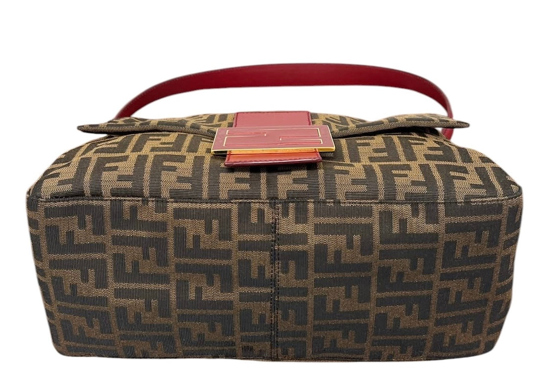Fendi Vintage Brown Zucca Monogram Canvas Red Leather Trim XL Jumbo Mamma Baguette Shoulder Bag