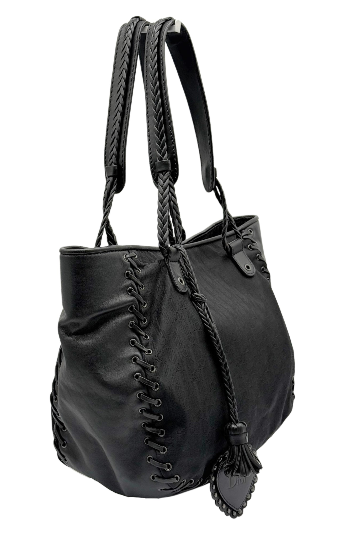 Dior Vintage 2007 Black Diorissimo Monogram Nylon & Leather Lace Up Corset Shoulder Tote Bag with Heart Charm