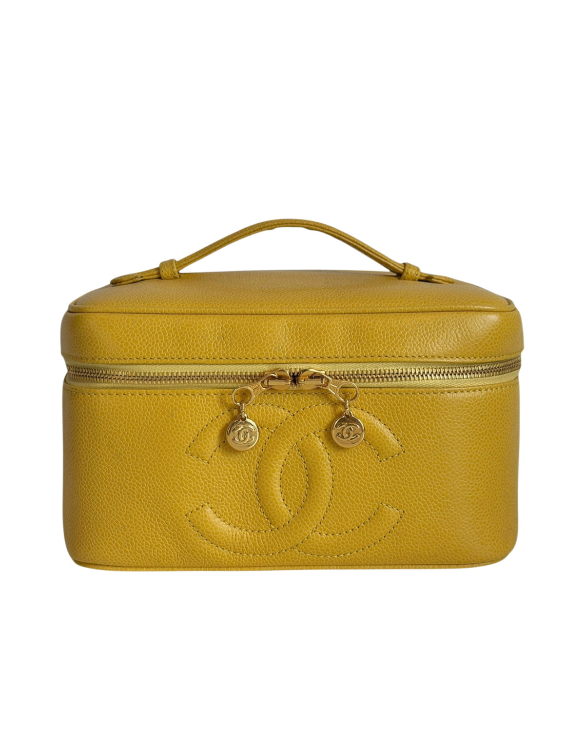 Chanel Vintage Late 90s Yellow Caviar Leather CC Logo Large Horizontal Vanity Case with 24K GPHW