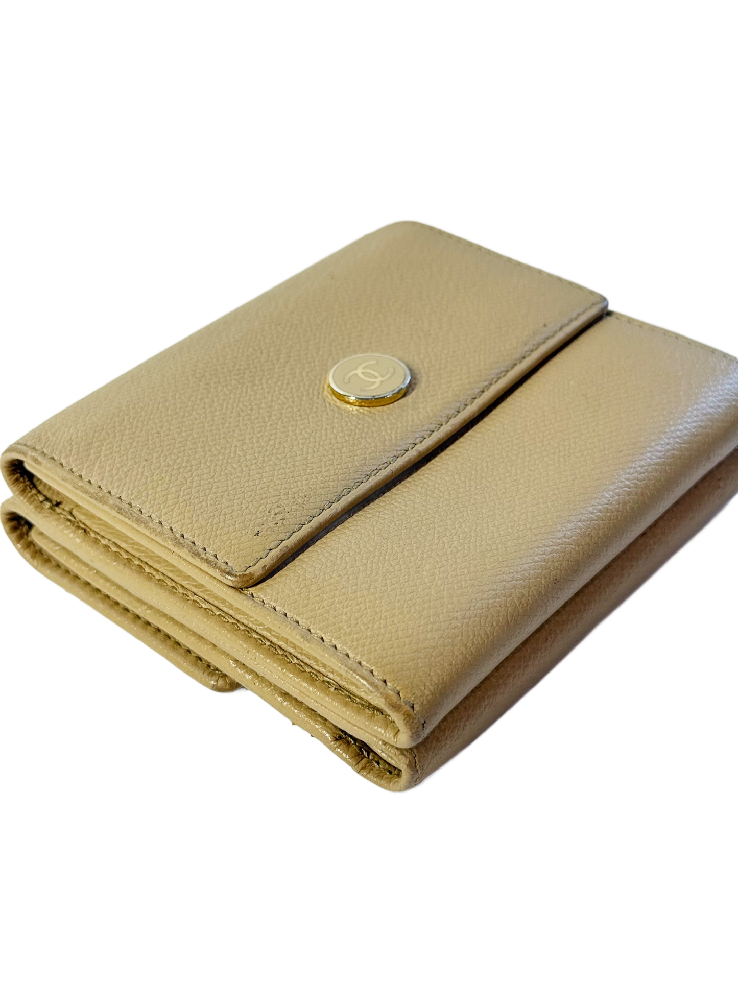 Chanel Vintage 00s Beige Caviar CC Logo Snap Wallet