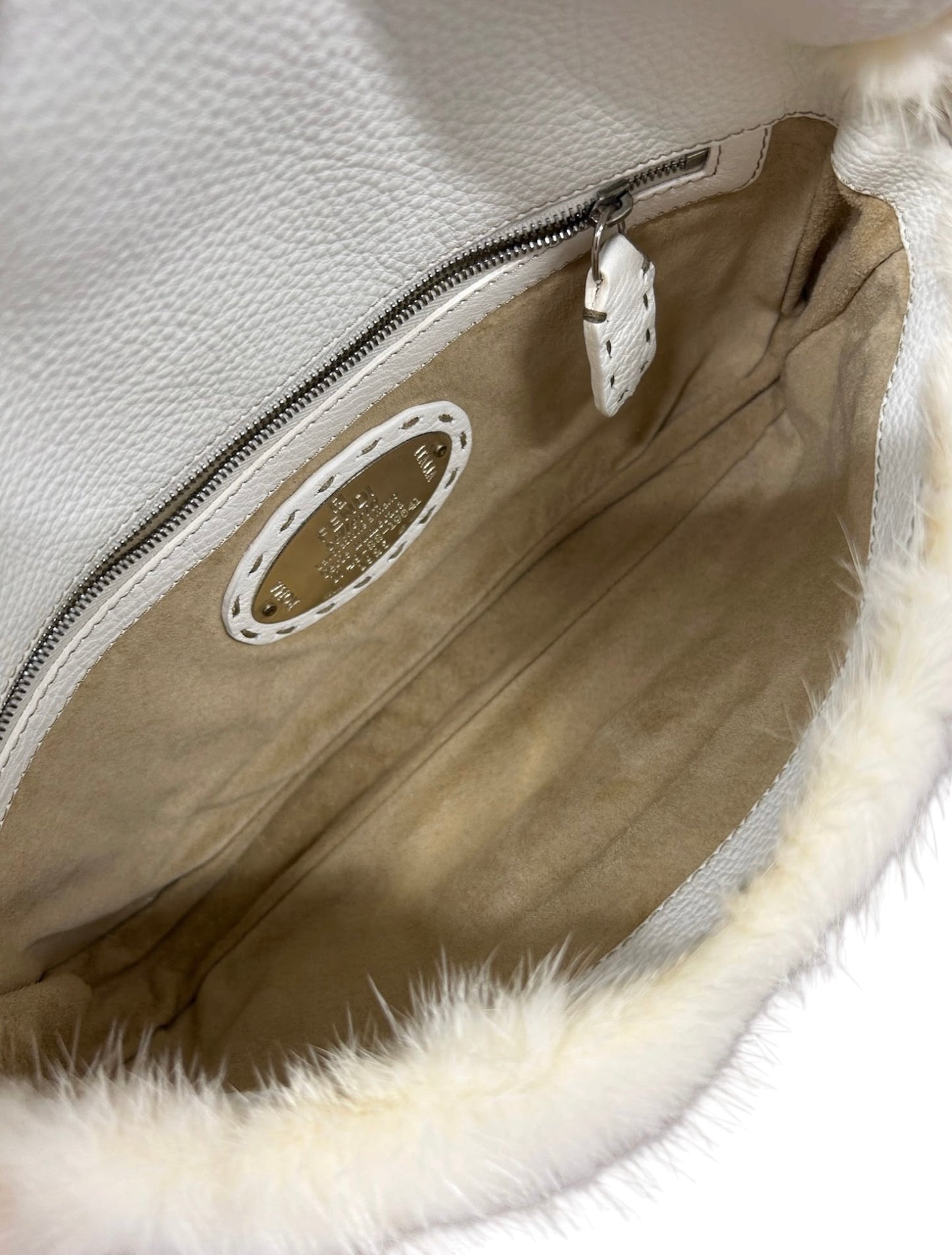 Fendi Vintage Ivory Rabbit Fur Selleria Leather Trim Shoulder Baguette Bag with Rose Details