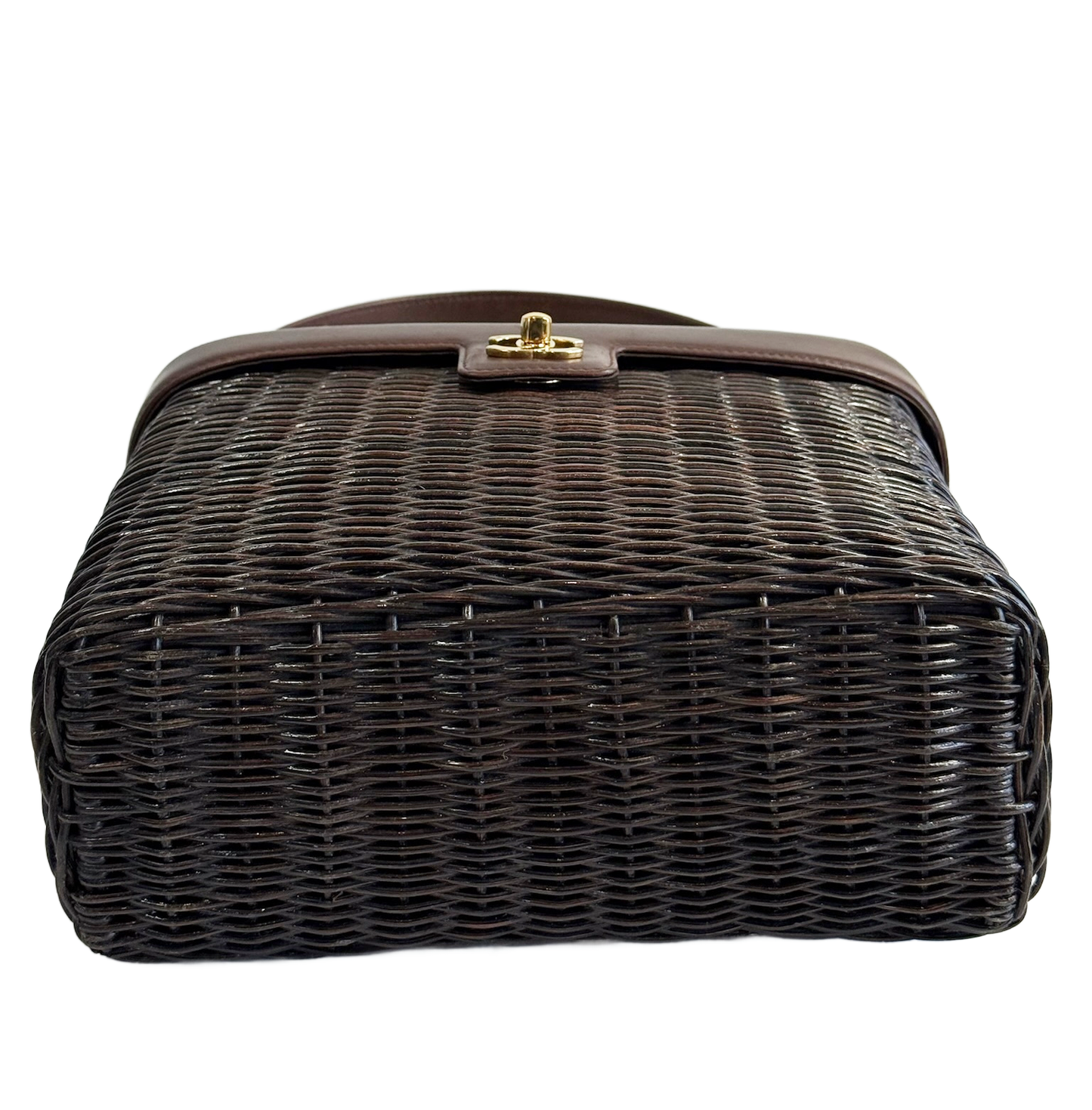 Chanel Vintage 1999 Dark Brown Wicker Rattan Picnic Basket Lambskin Trim Top Handle Shoulder Bag w 24K GPHW