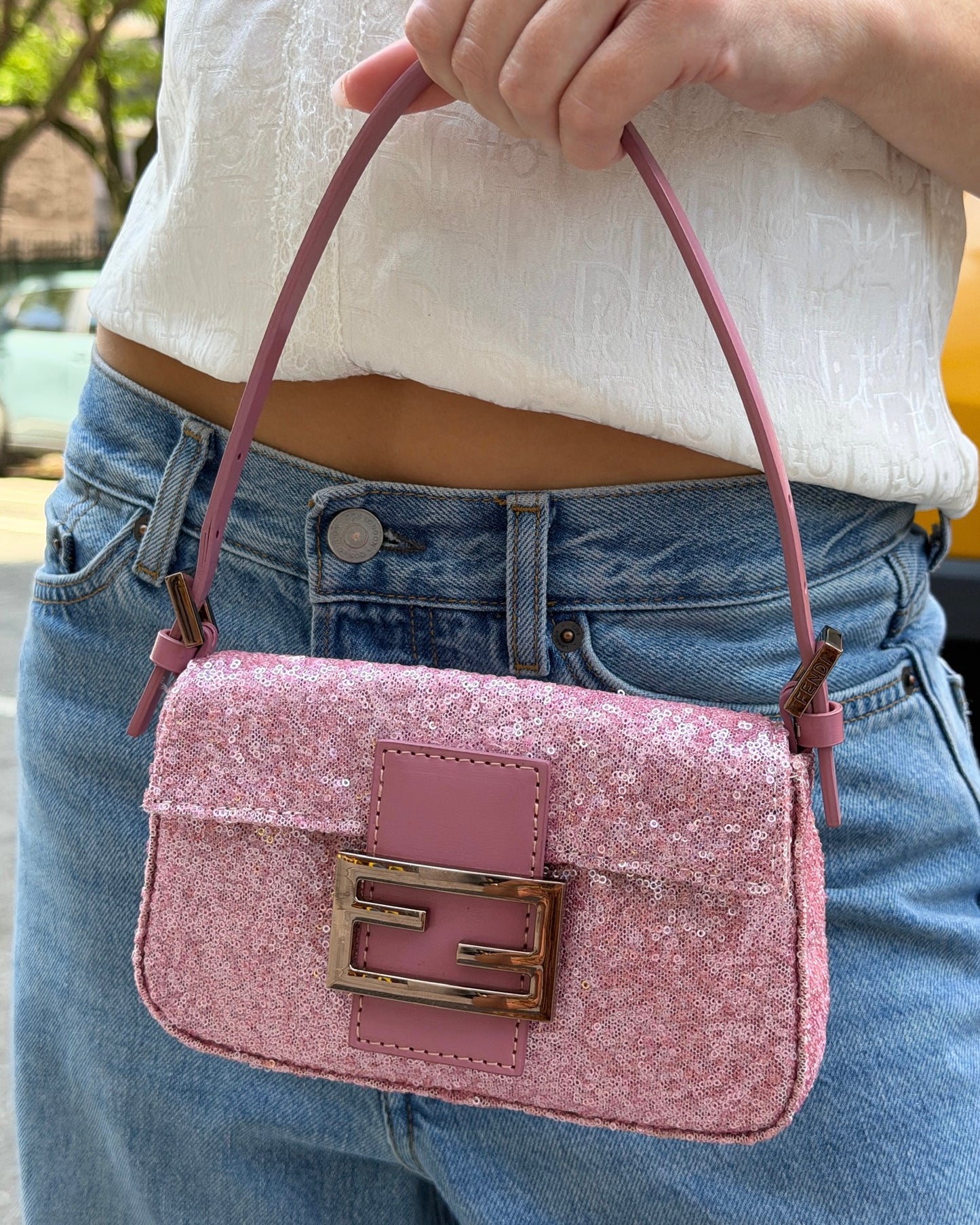 Fendi Vintage Pink Sequin Mini Shoulder Baguette Bag