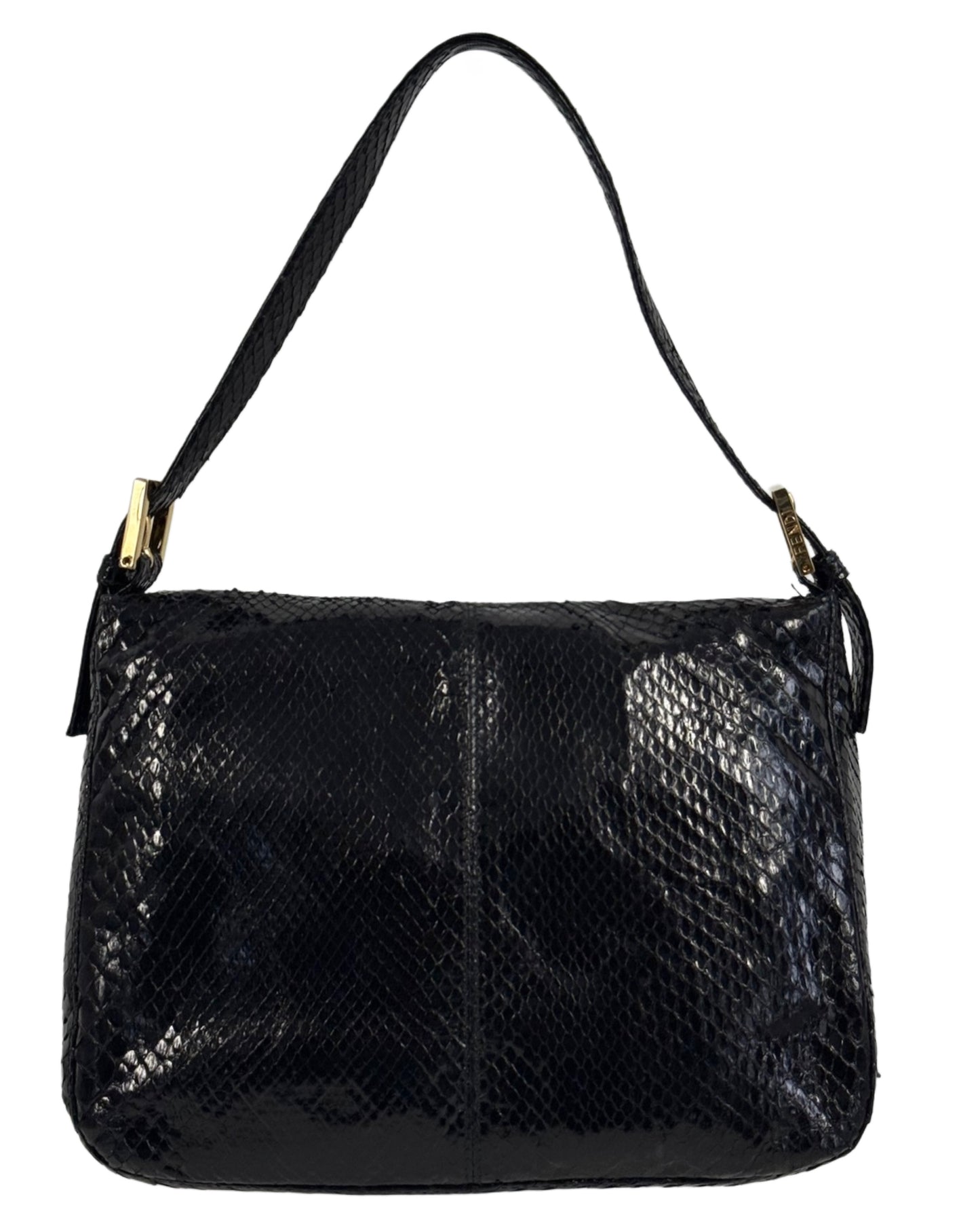 Fendi Vintage Black Snakeskin Double Flap Small Hobo Shoulder Baguette Bag