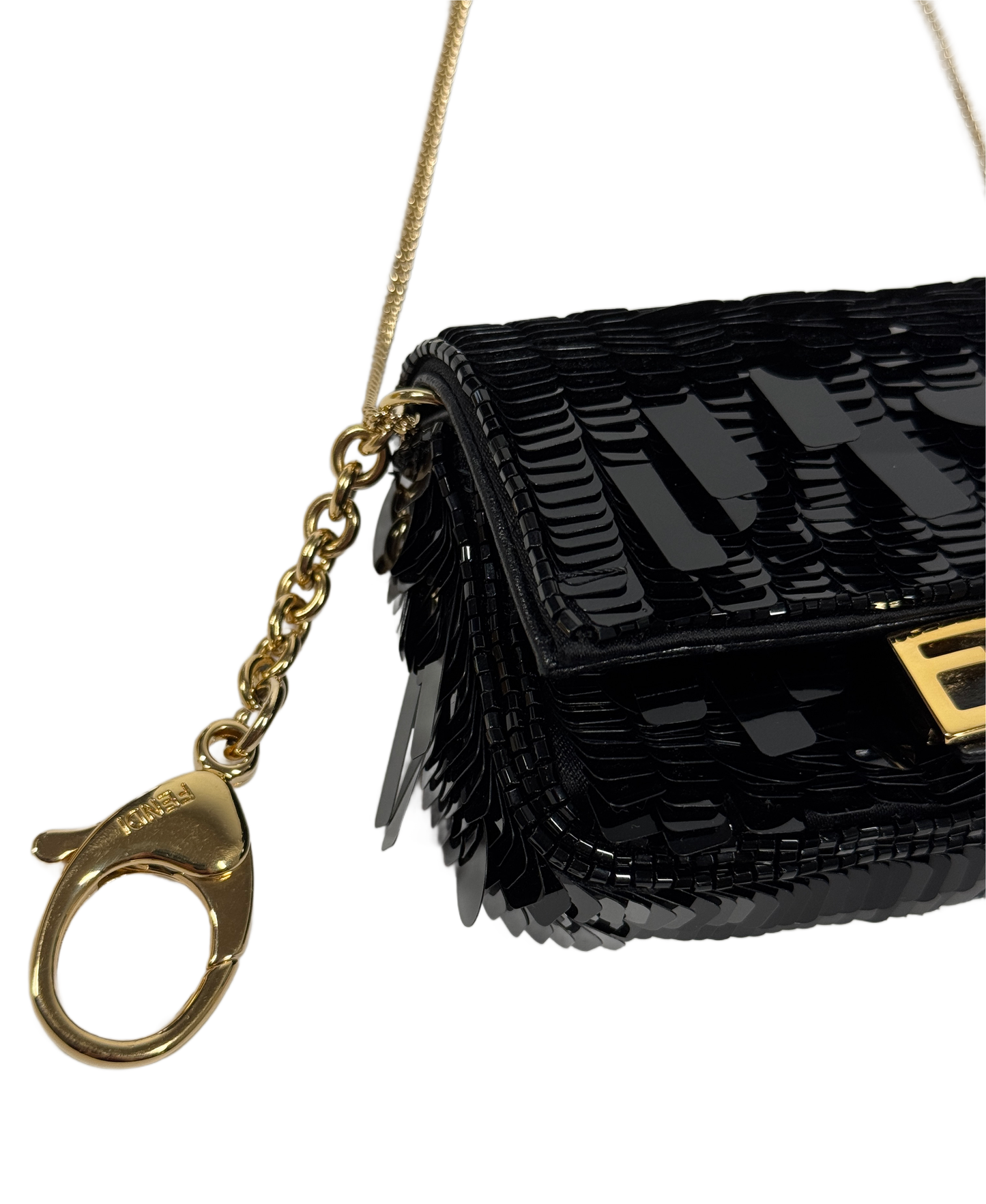 Fendi Black Shiny Sequin Paillettes Nappa Sex and the City Nano Baguette Crossbody Bag and Belt Charm